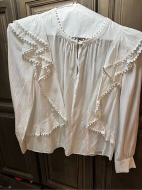 Ann Taylor White Ruffle Pom-Pom Trim Blouse